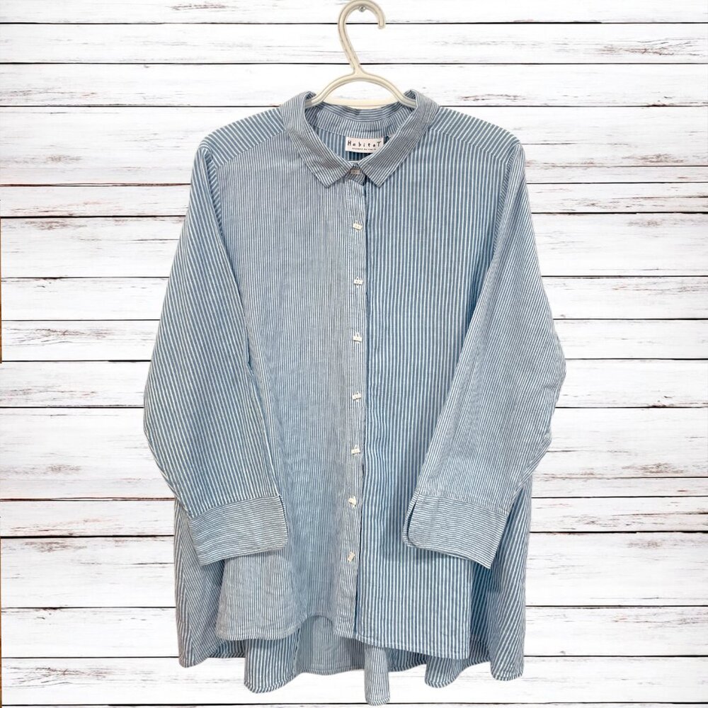 Habitat Blue White Seersucker Button Front Tunic Shirt Top Blouse Size Large